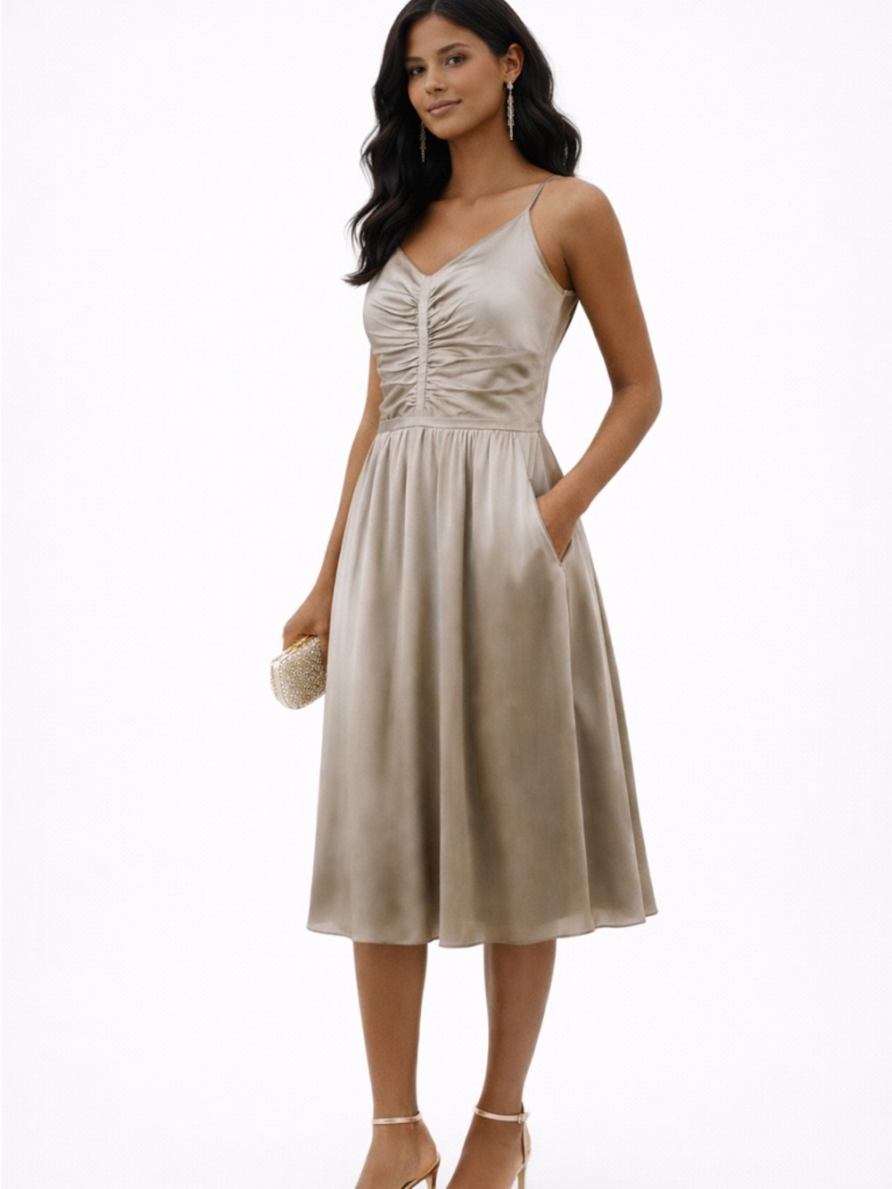 BR 100% Silk Champagne Midi Dress Elegant Slip Fit & Flare w/ Pockets Sz 6/Med
